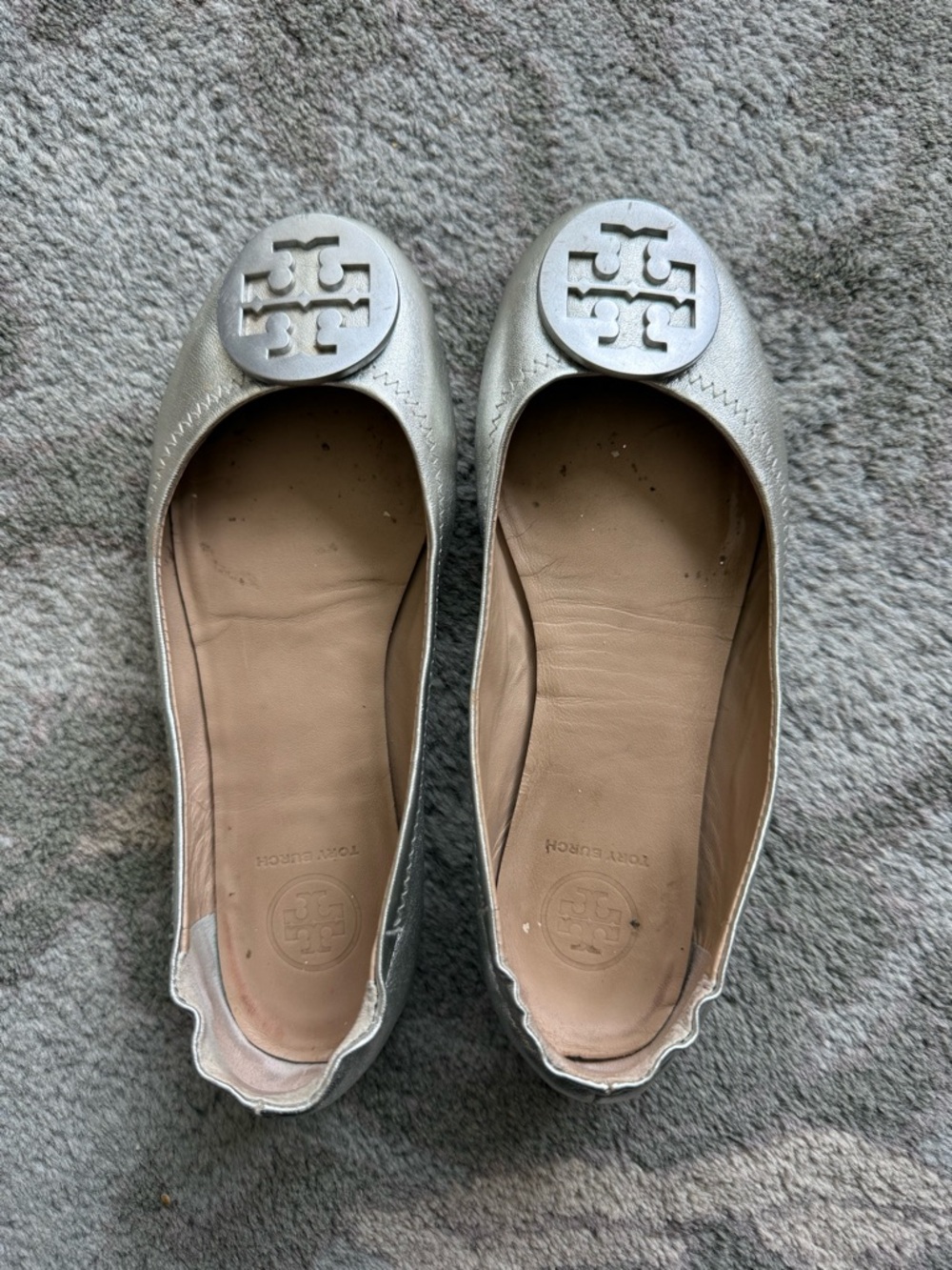 Tory Burch Metallic Silver Leather Ballet Flats